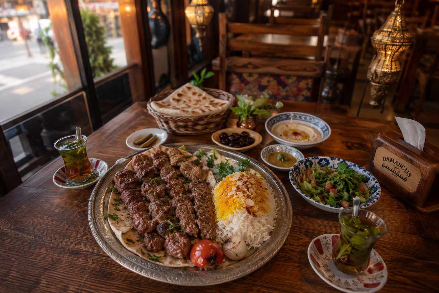 Middle Eastern dinner table in a Yiwu restaurant with grilled lamb kebabs, saffron rice, flatbread, hummus and mint tea