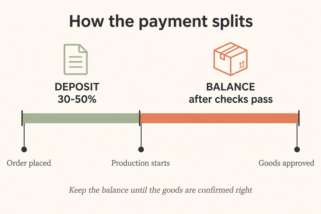 Deposit and balance payment split on a first Alibaba order shown as a simple timeline