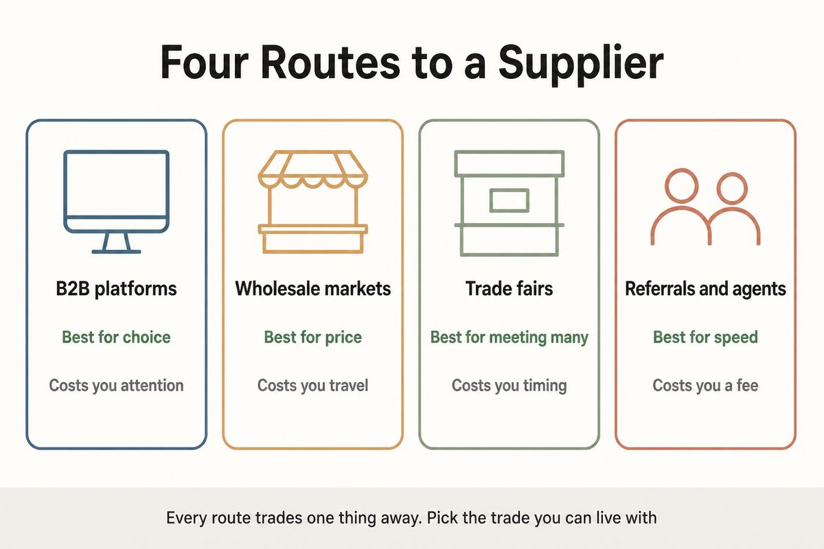 Four routes to a Chinese supplier compared by choice, price, protection and effort