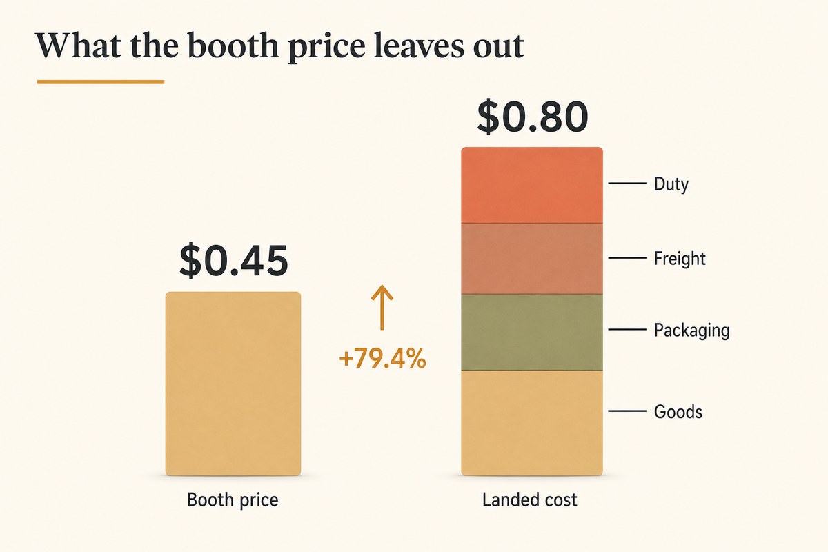 Chart showing how a stall price grows once packaging, freight and duty are added