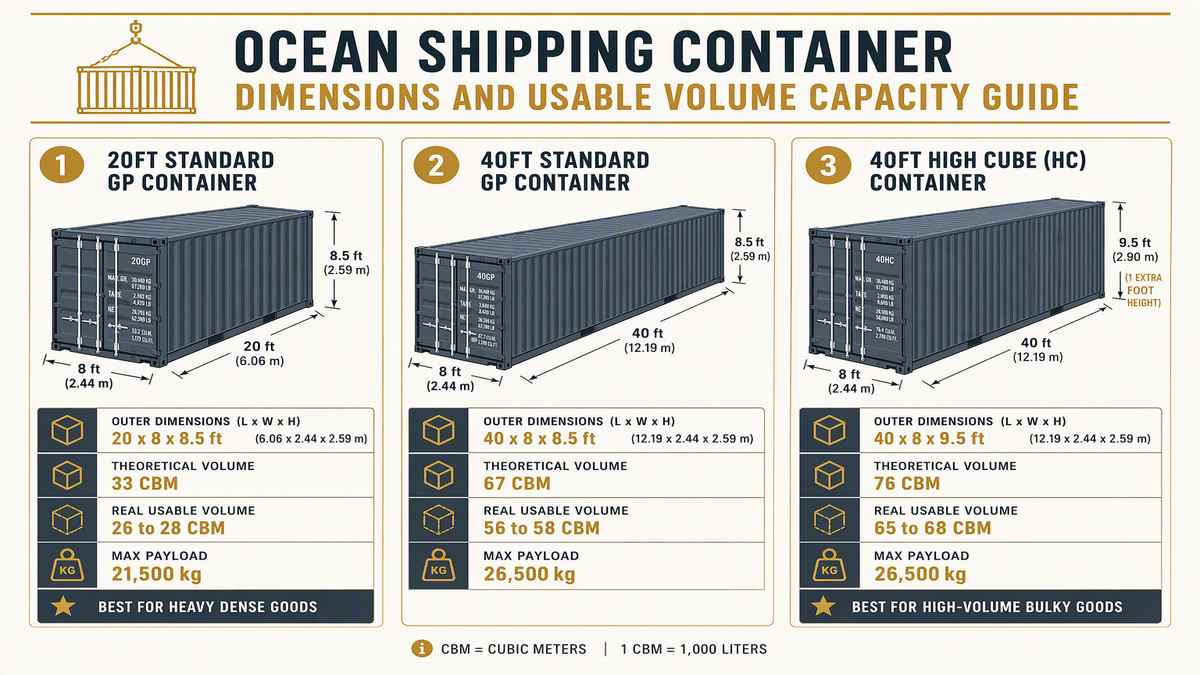 20ft vs 40ft vs 40ft High Cube Container Capacity and Dimensions Guide Infographic