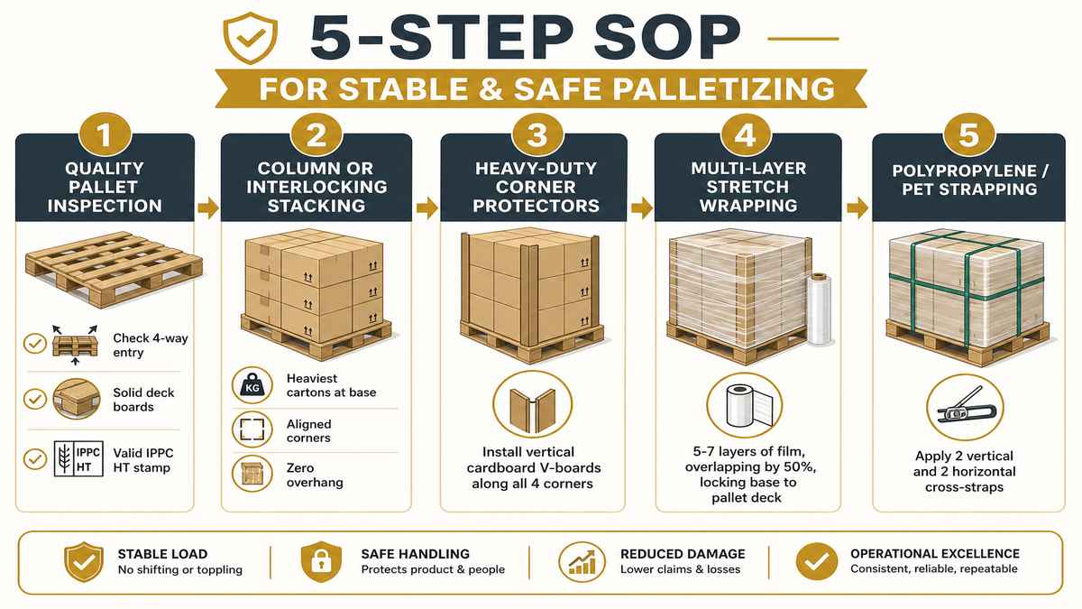 5-Step SOP for Stable and Safe Export Palletizing Flowchart Infographic
