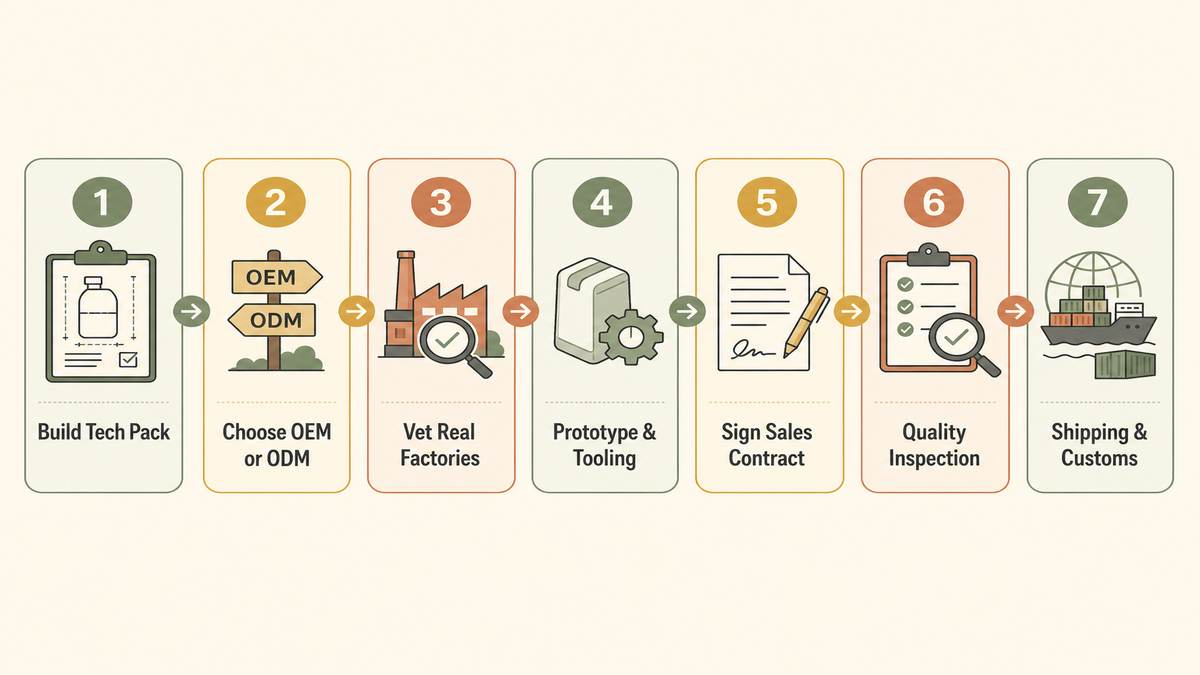 7-step China manufacturing process flowchart from concept to export shipping