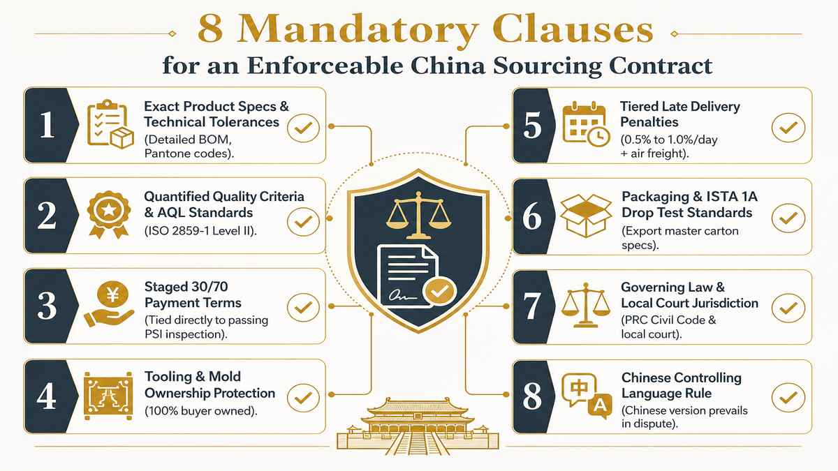 8 Mandatory Clauses for an Enforceable China Manufacturing Contract Infographic