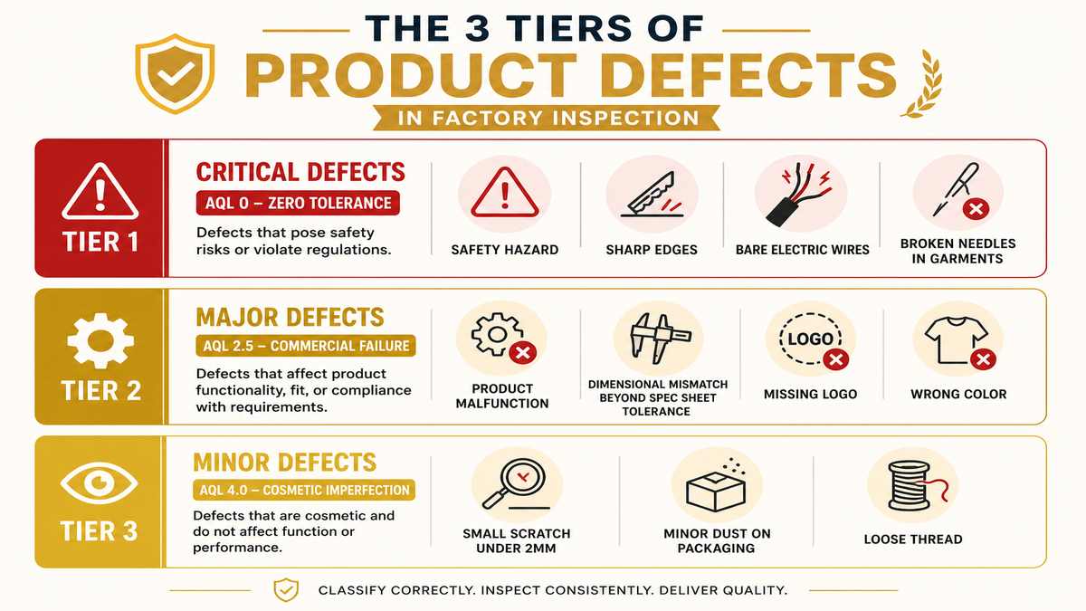 AQL Defect Classification Matrix Critical Major Minor Infographic