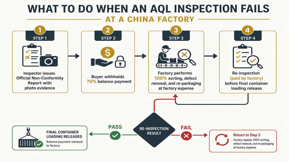 AQL Inspection Pass Fail Decision and Factory Rework Protocol Flowchart