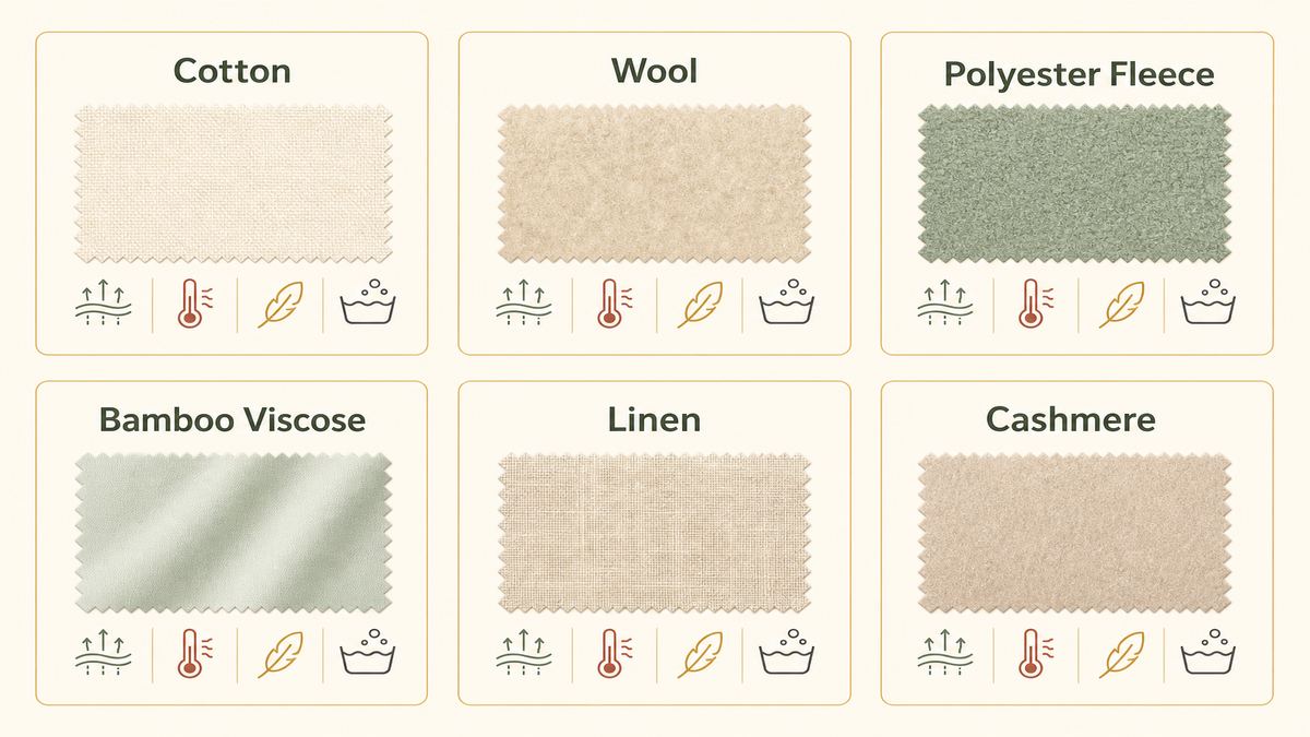 Six common blanket material types shown as fabric swatches