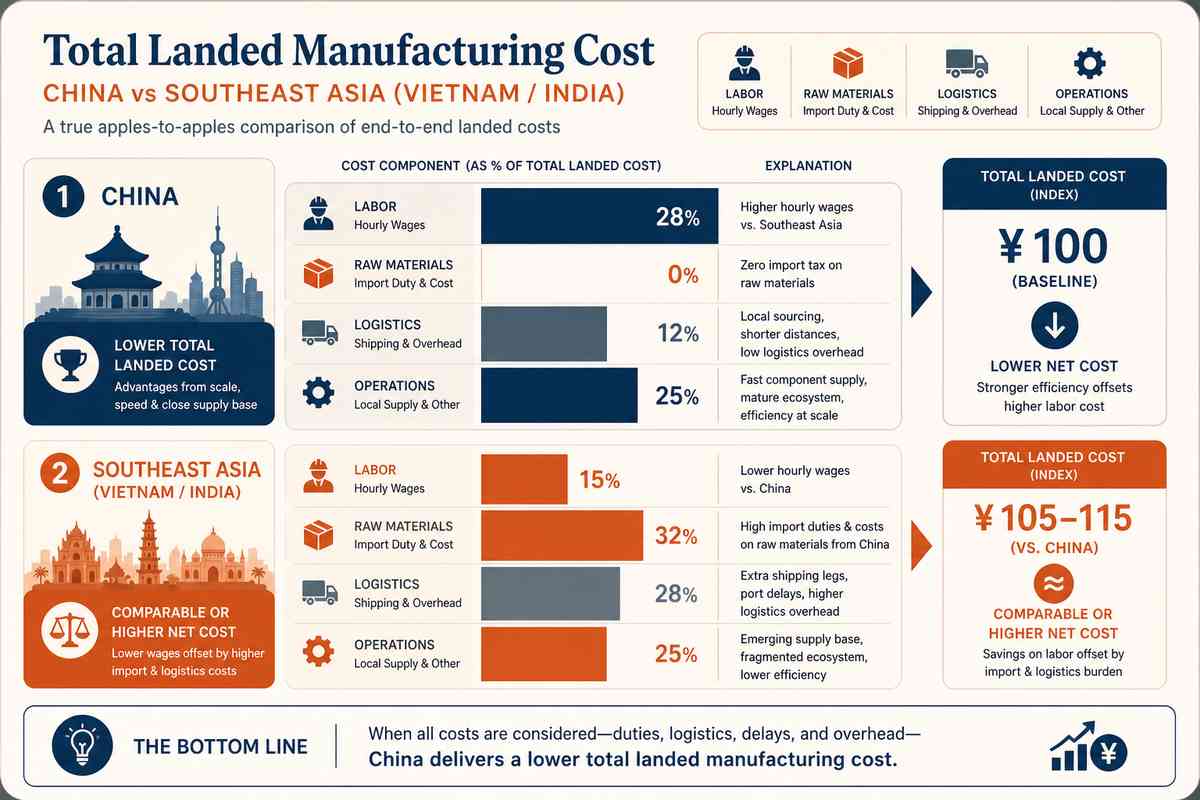 Total landed manufacturing cost breakdown comparing China versus Southeast Asia factories