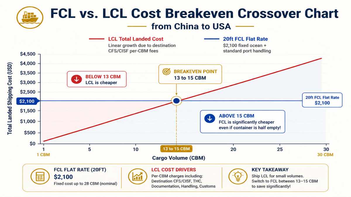 FCL vs LCL 13 to 15 CBM Cost Breakeven Crossover Chart Infographic