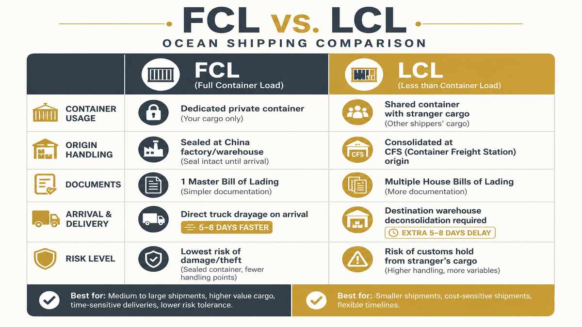 FCL vs LCL Ocean Shipping Operational Comparison Matrix Infographic