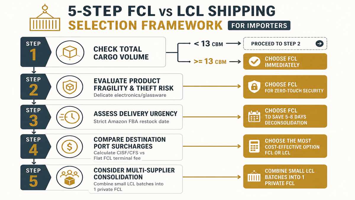 5-Step FCL vs LCL Shipping Selection Decision Tree SOP Flowchart