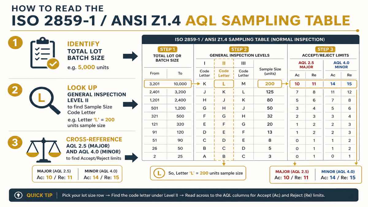 3-Step AQL Sampling Table Reading Guide Infographic