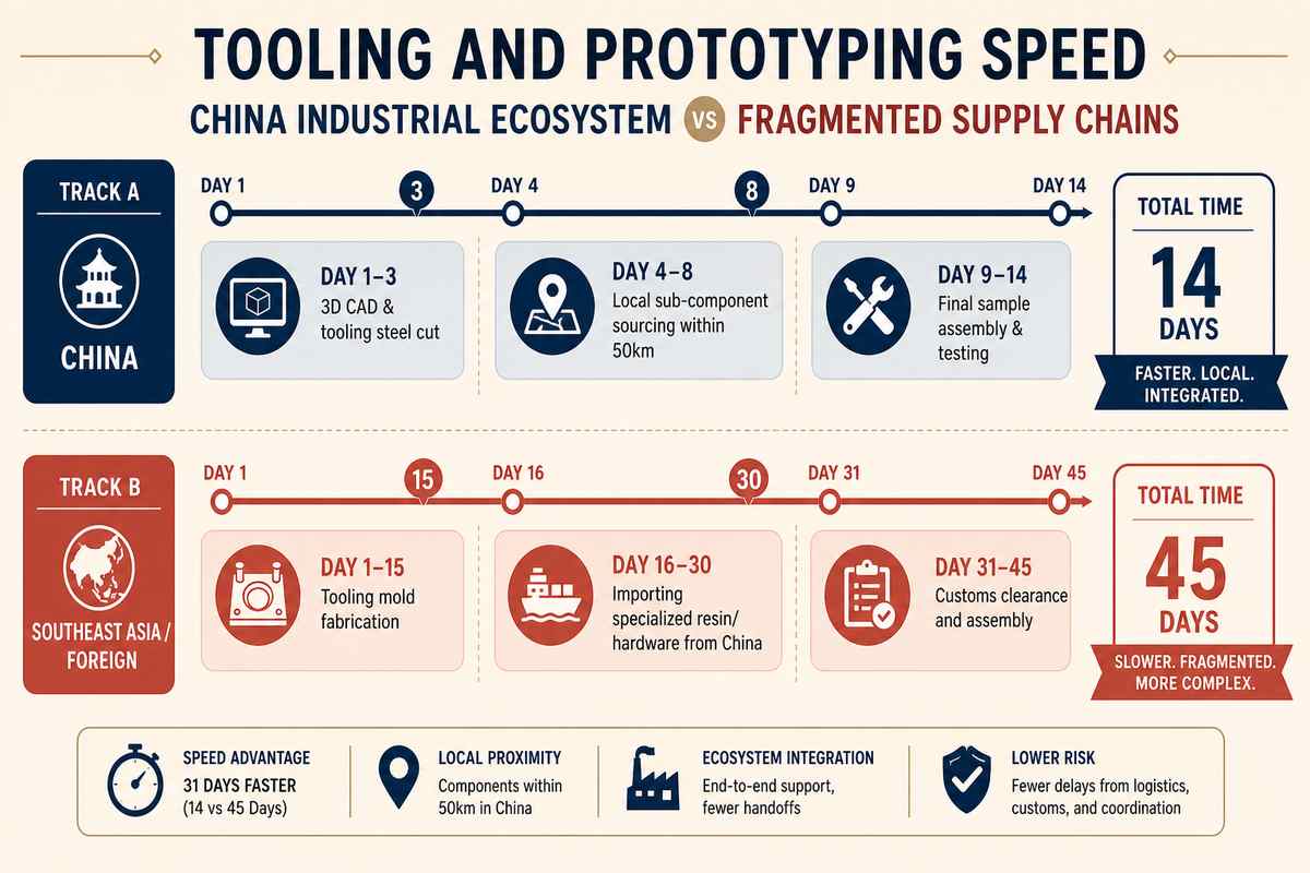 Timeline comparison of tooling and sample prototyping speed between China industrial clusters and foreign alternatives