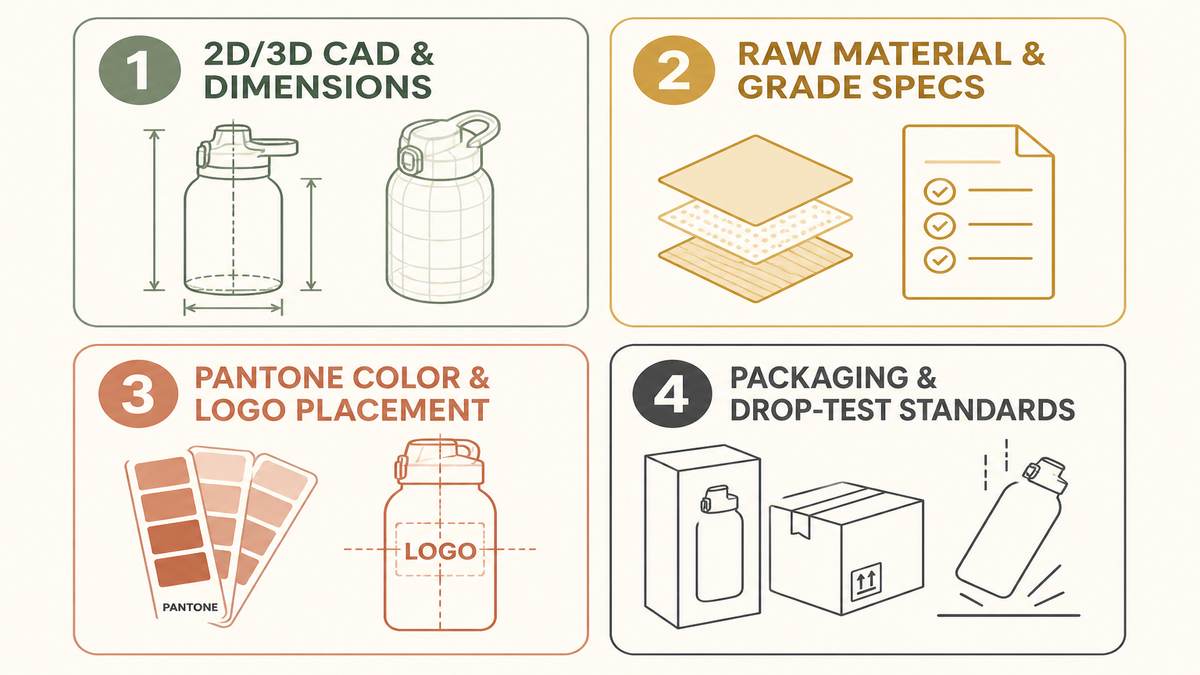 Core components of a manufacturing tech pack including CAD drawings, BOM table, and color standards