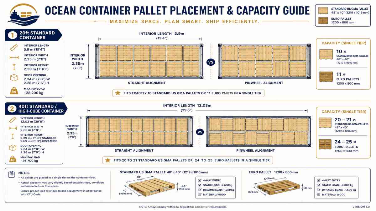 Ocean Container Pallet Placement and Capacity Guide Infographic