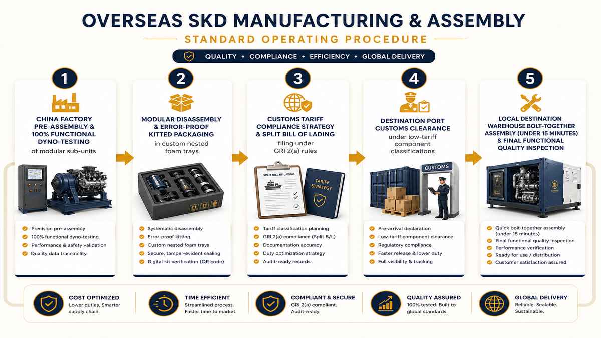 5-step horizontal SOP flowchart for overseas SKD manufacturing from China factory pre-testing to destination warehouse final assembly