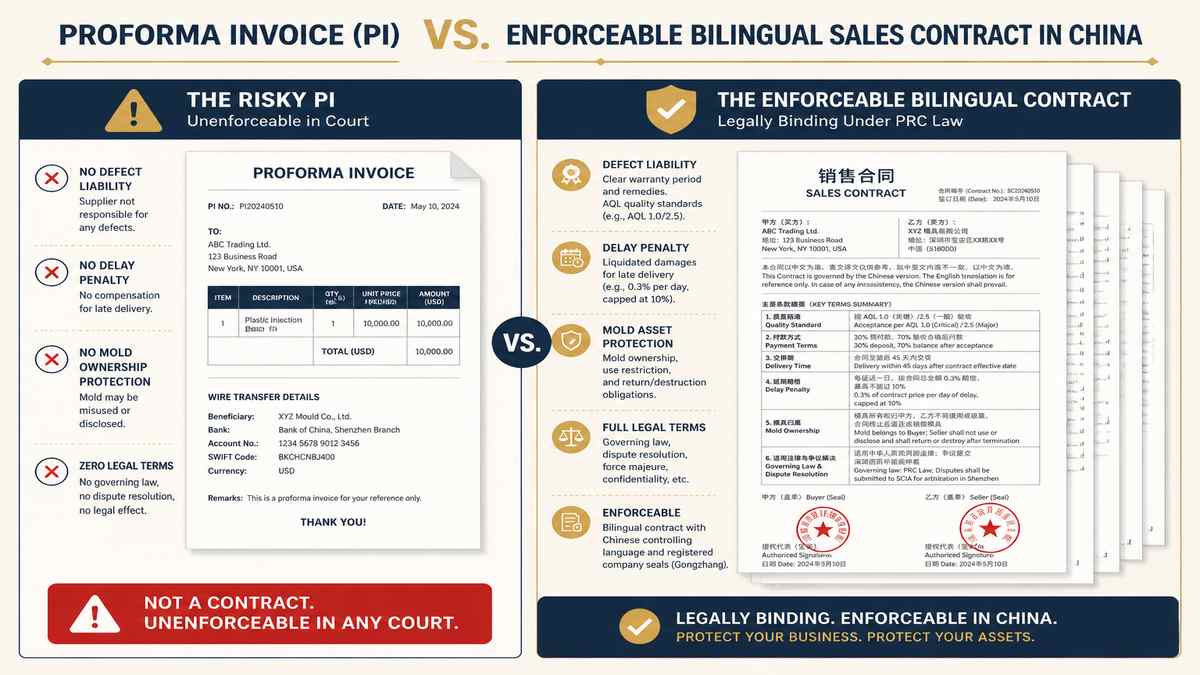 Proforma Invoice PI vs Enforceable Bilingual Sales Contract in China Infographic