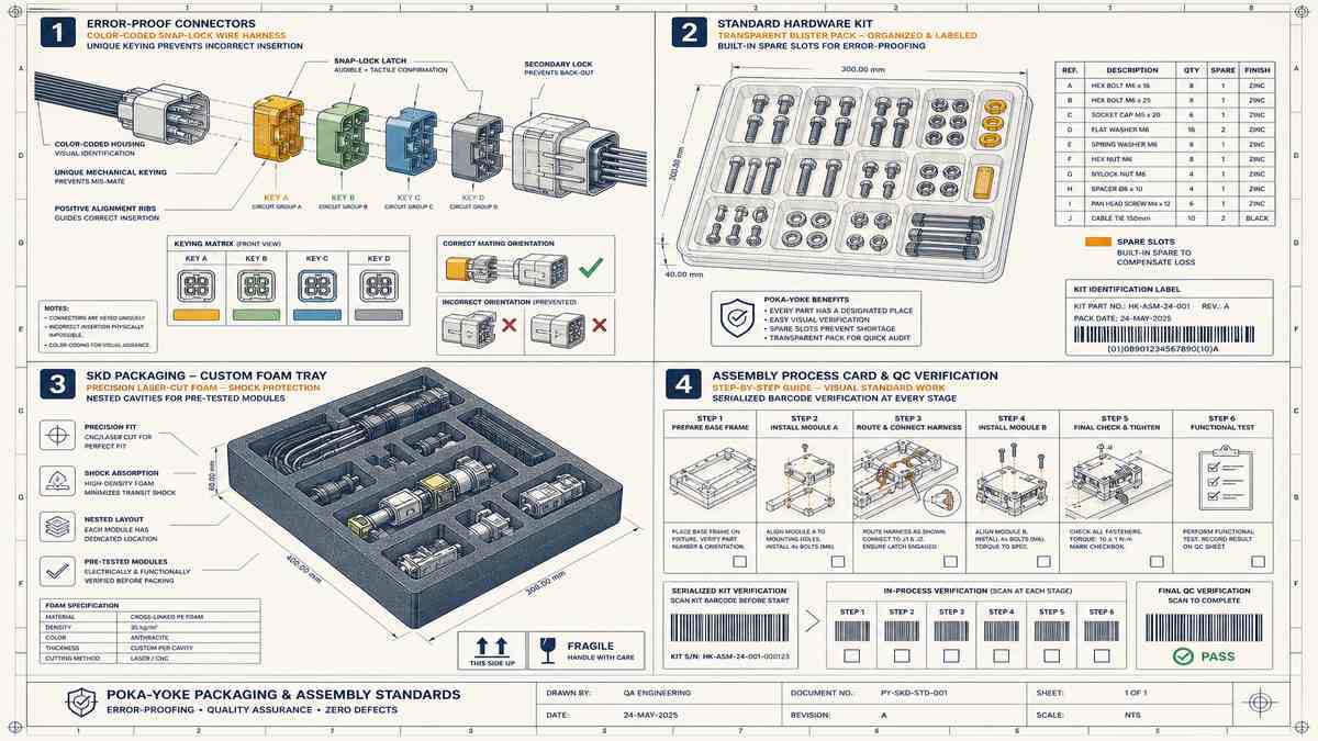 Technical packaging blueprint showing mistake-proof wire harnesses, hardware blister kits, and nested modular packing for SKD export
