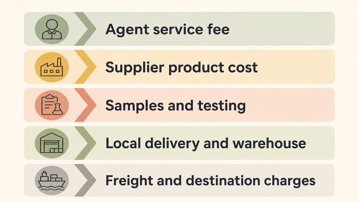 Cost layers in a China sourcing project: agent fee, supplier cost, samples, local delivery, warehouse and freight