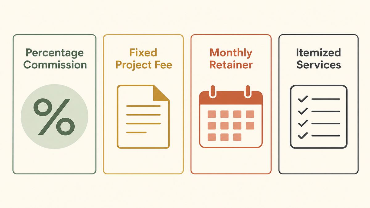Four common China sourcing agent fee models: commission, fixed project, retainer and itemized services