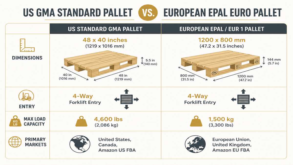 US GMA Standard vs European EPAL Pallet Dimensions Infographic