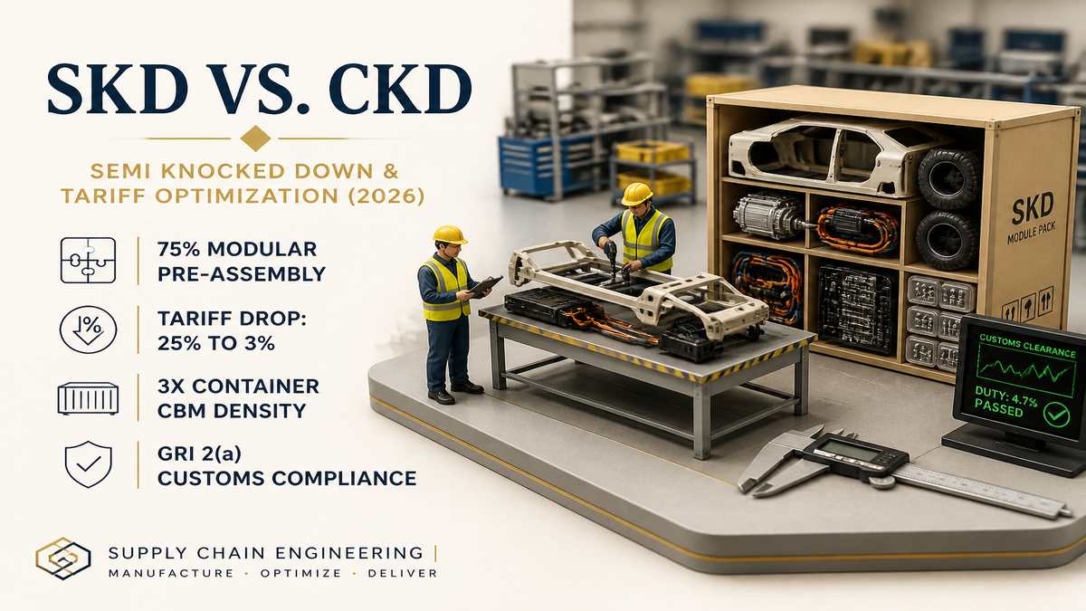 3D miniature diorama showing SKD semi knocked down manufacturing parts assembly and customs tariff duty optimization