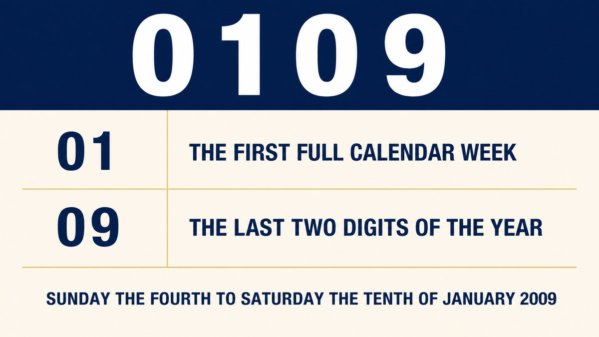 An infographic decoding the date code 0109 as the first full calendar week of 2009, from Sunday the fourth of January to Saturday the tenth