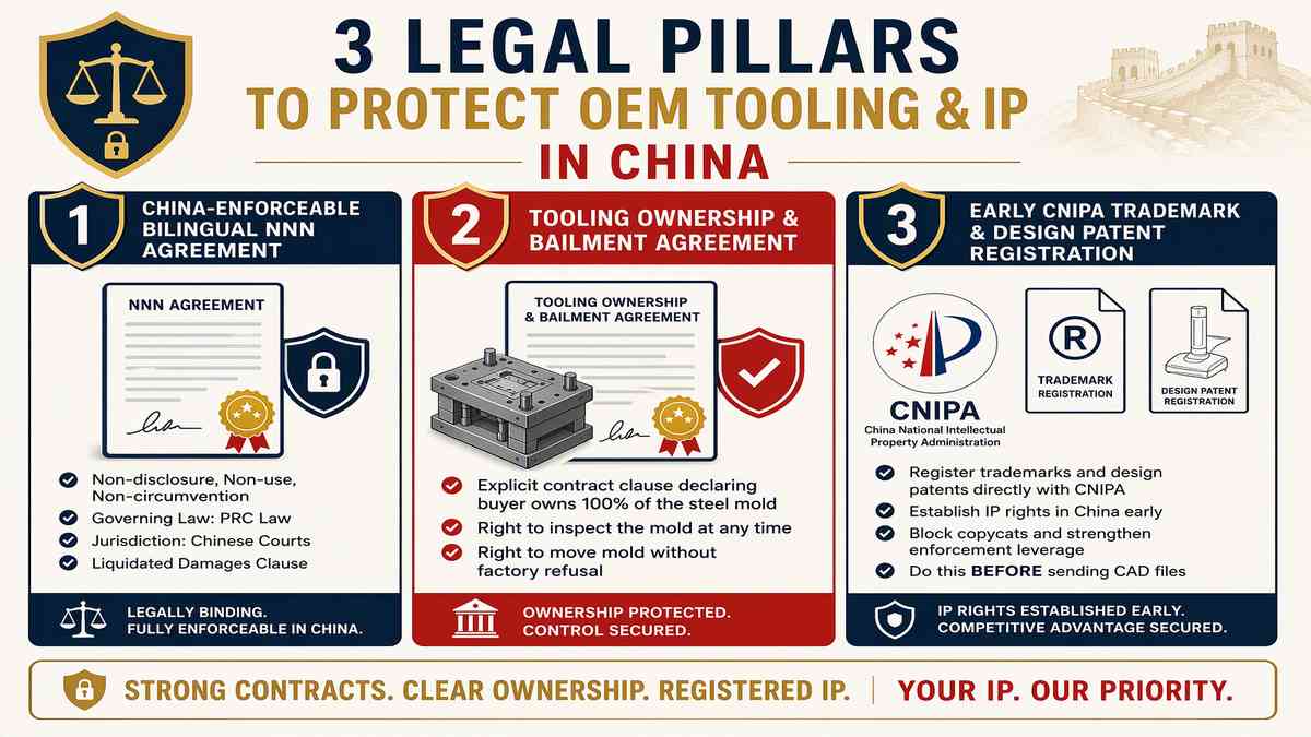 3 Legal Pillars to Protect OEM Tooling and IP Assets in China Infographic