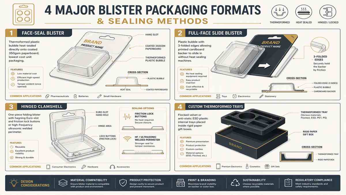 4 Major Blister Packaging Formats and Sealing Mechanisms Infographic