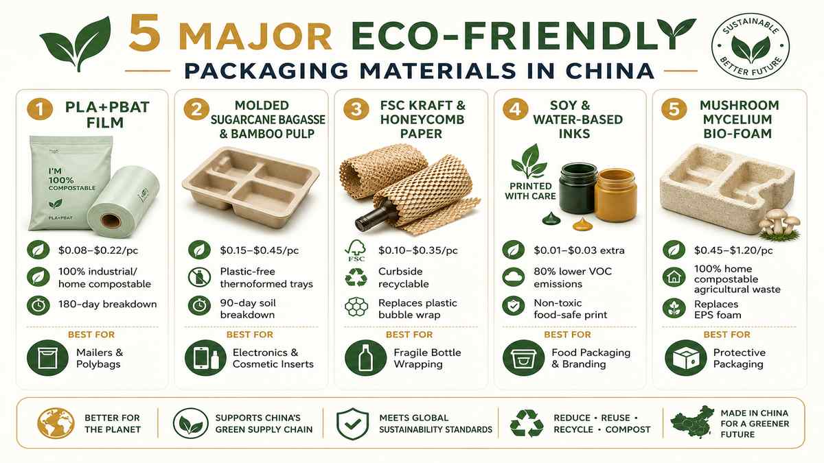 5 Major Eco-Friendly Packaging Materials in China Comparison Matrix Infographic