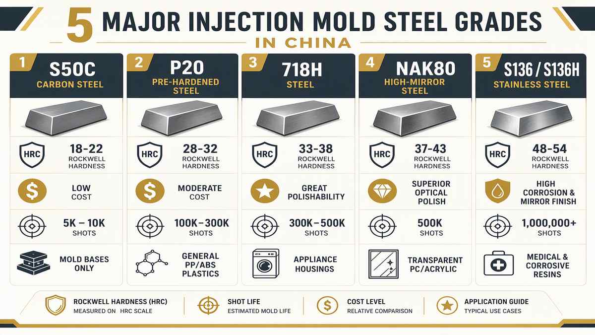 5 Major Injection Mold Steel Grades in China Hardness and Lifespan Comparison Infographic