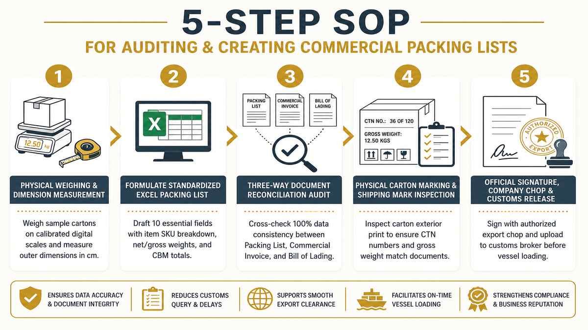 5-Step SOP for Auditing and Creating Commercial Packing Lists Infographic