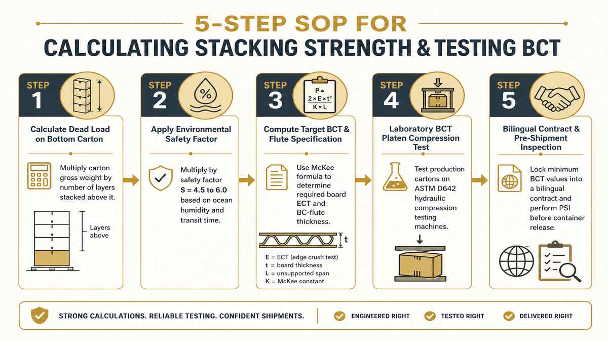 5-Step SOP for Calculating Stacking Strength and Testing BCT Infographic