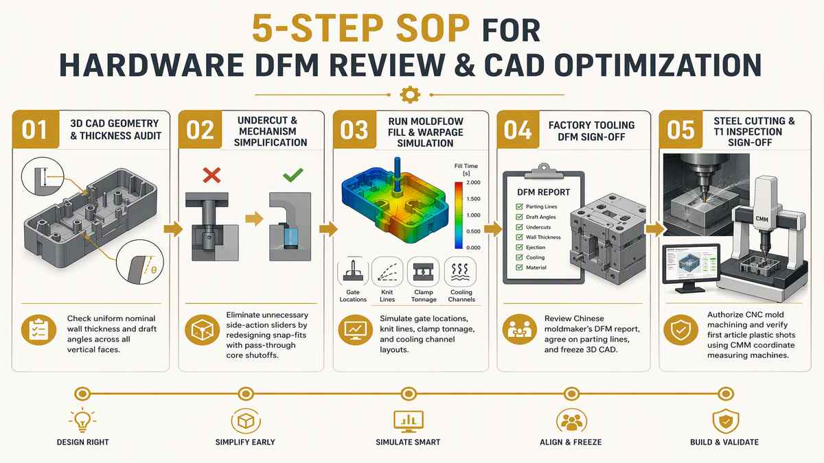 5-Step SOP for Hardware DFM Review and CAD Optimization Before Tooling Infographic