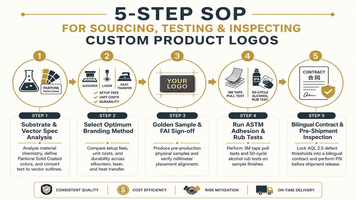 5-Step SOP for Sourcing Testing and Inspecting Custom Product Logos Infographic