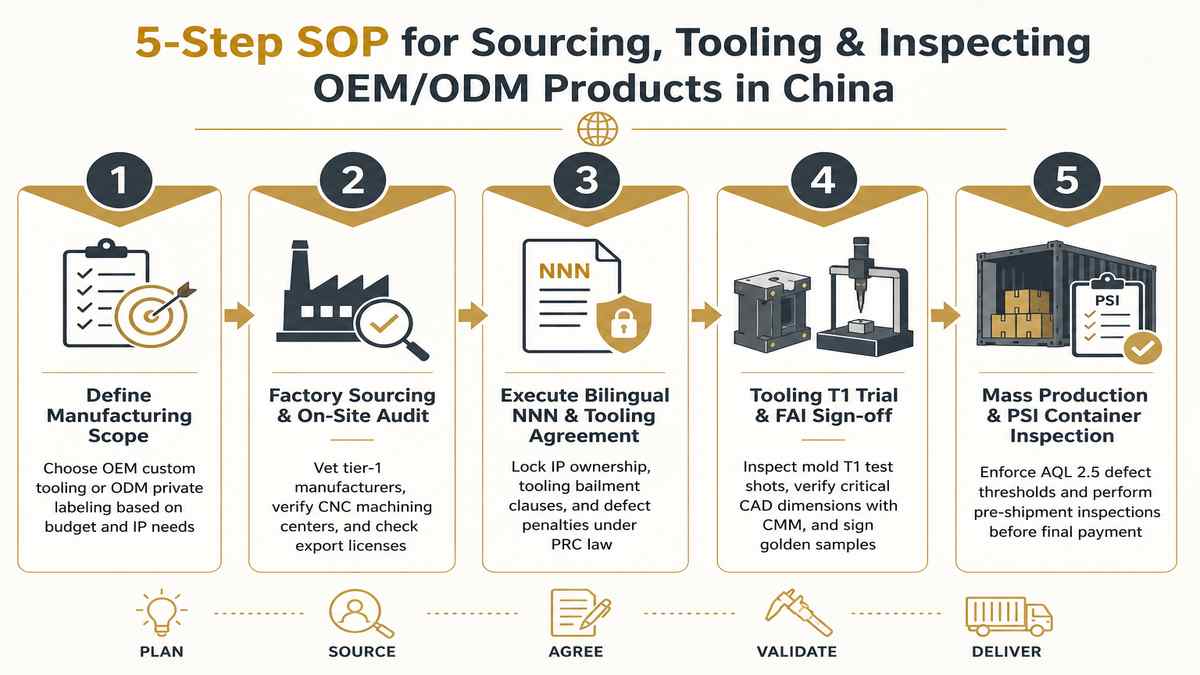 5-Step SOP for Sourcing Tooling and Inspecting OEM ODM Products in China Infographic