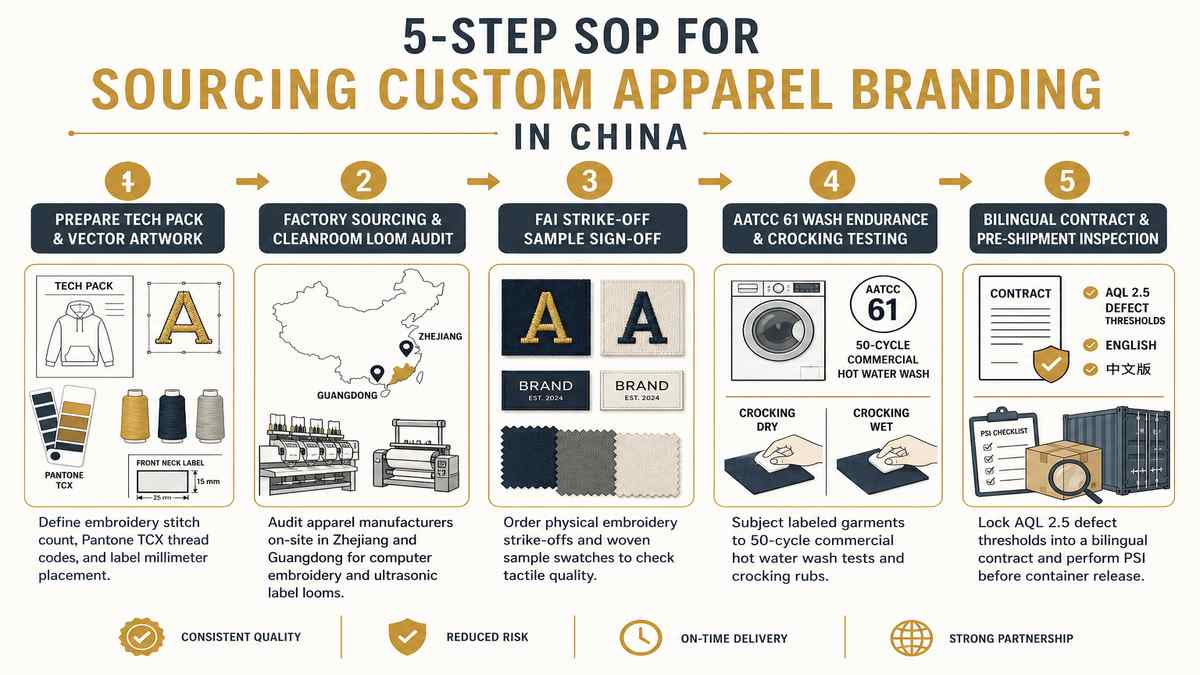 5-Step SOP for Sourcing Custom Apparel Branding in China Infographic