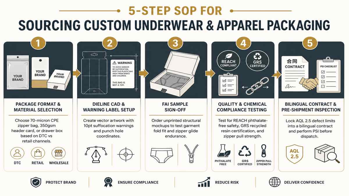 5-Step SOP for Sourcing Custom Apparel Packaging in China Infographic