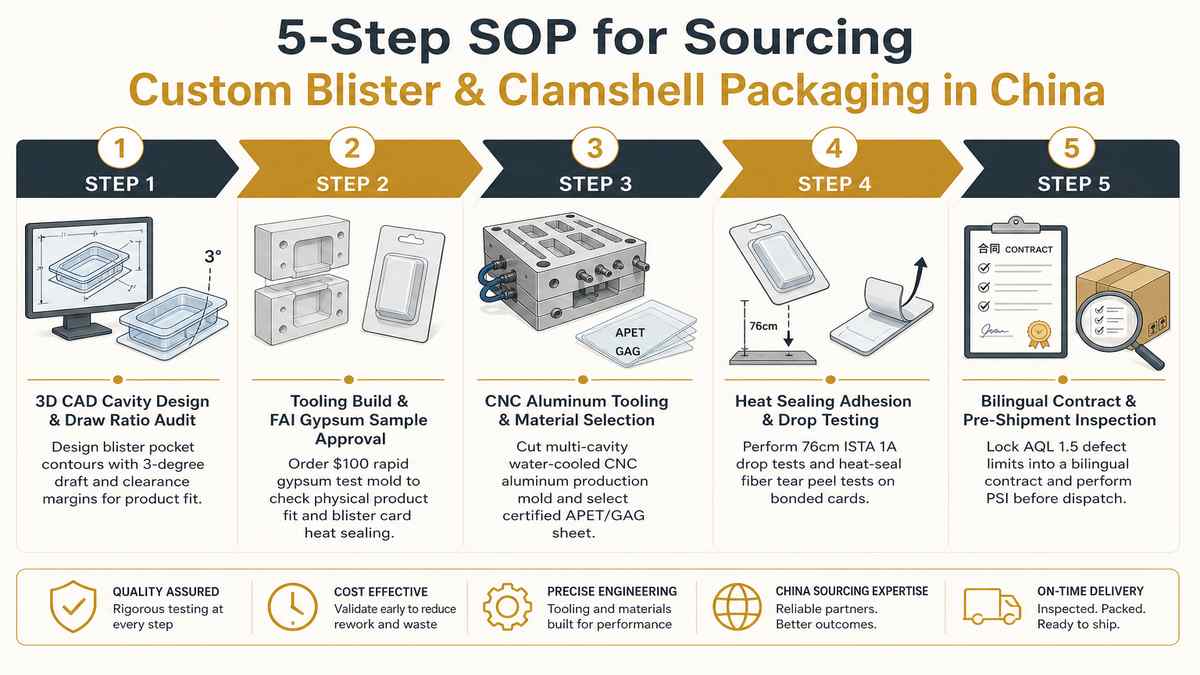 5-Step SOP for Sourcing Custom Blister and Clamshell Packaging in China Infographic