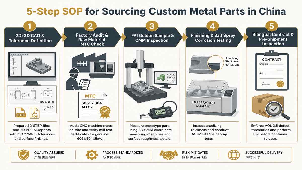 5-Step SOP for Sourcing Custom Metal Parts in China Infographic