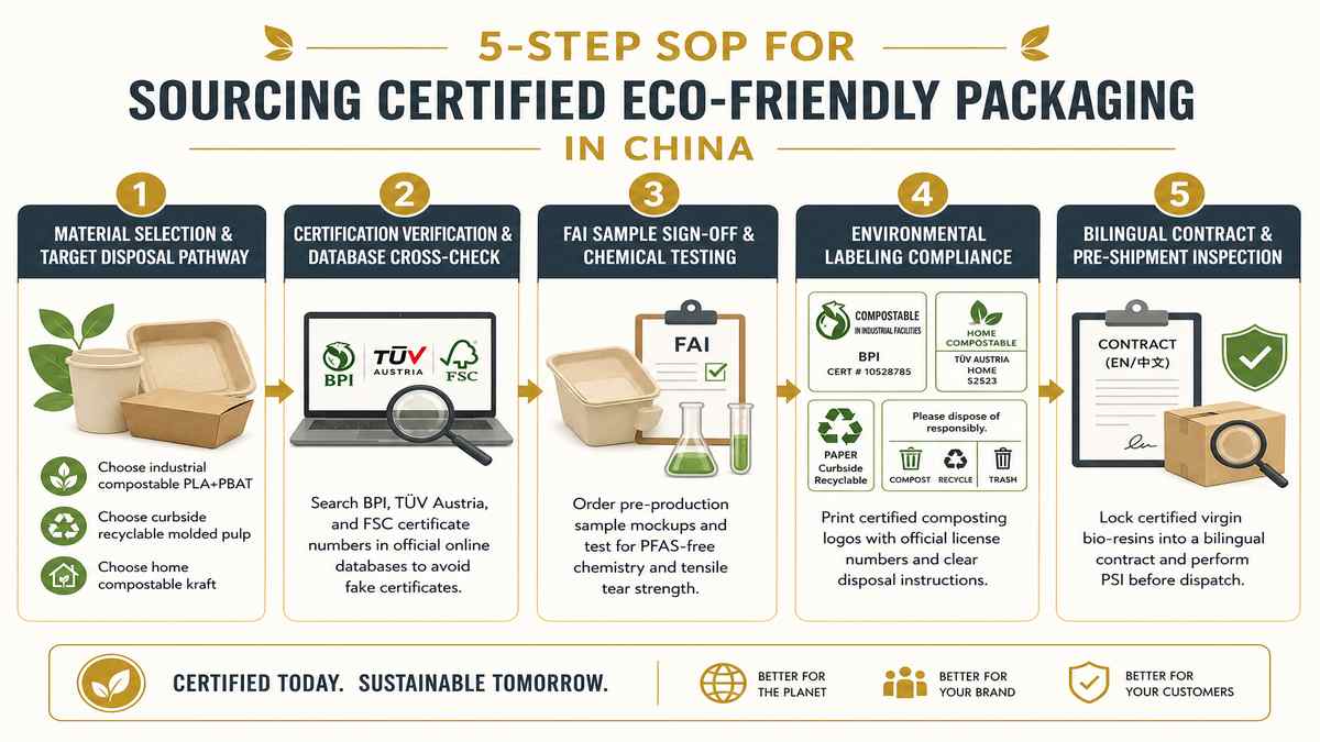 5-Step SOP for Sourcing Certified Eco-Friendly Packaging in China Infographic