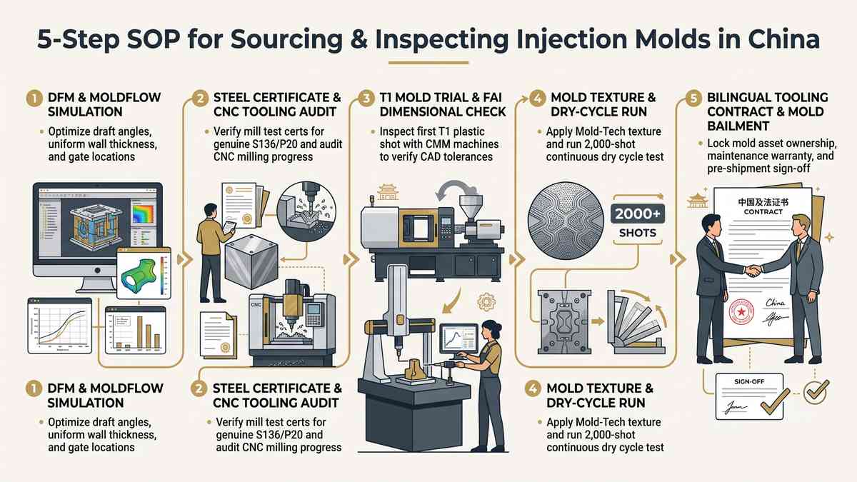 5-Step SOP for Sourcing and Inspecting Injection Molds in China Infographic