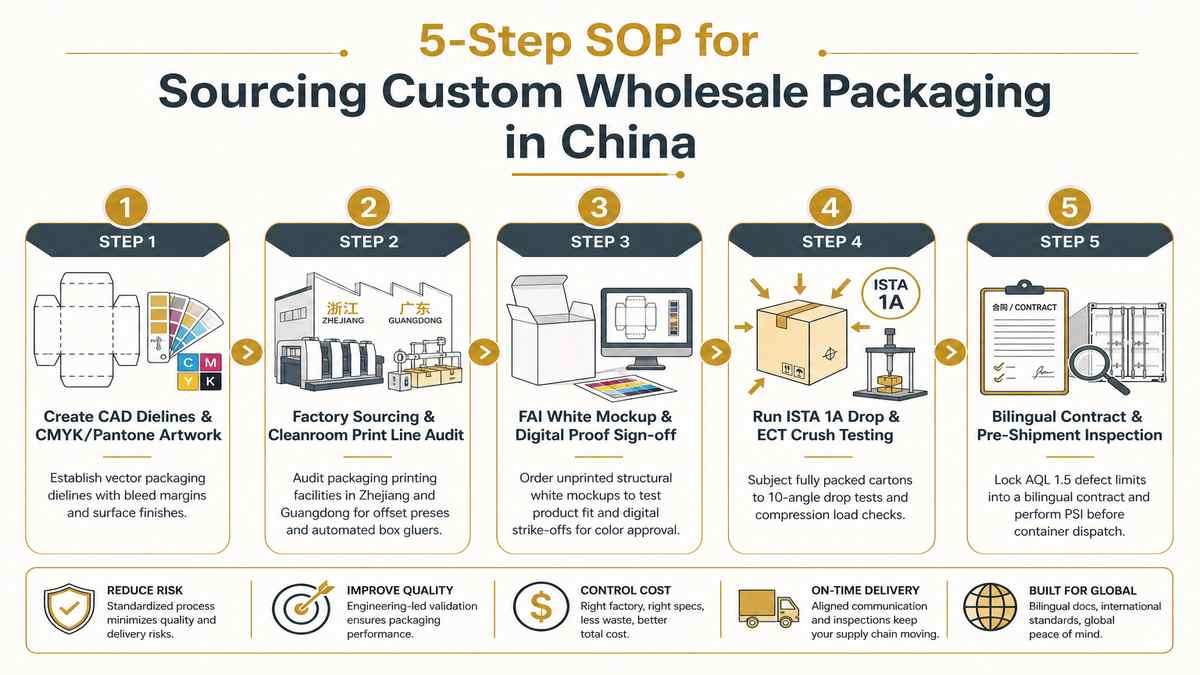 5-Step SOP for Sourcing Custom Wholesale Packaging in China Infographic