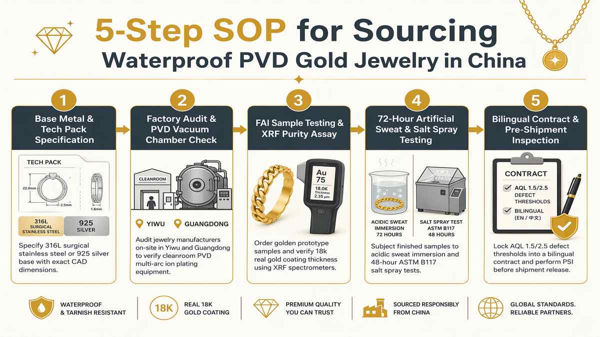 5-Step SOP for Sourcing Waterproof PVD Gold Jewelry in China Infographic