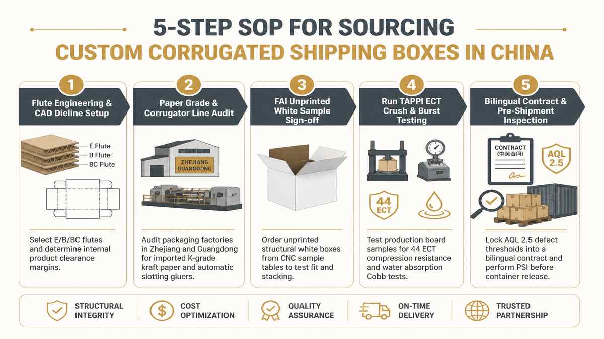 5-Step SOP for Sourcing Custom Corrugated Shipping Boxes in China Infographic