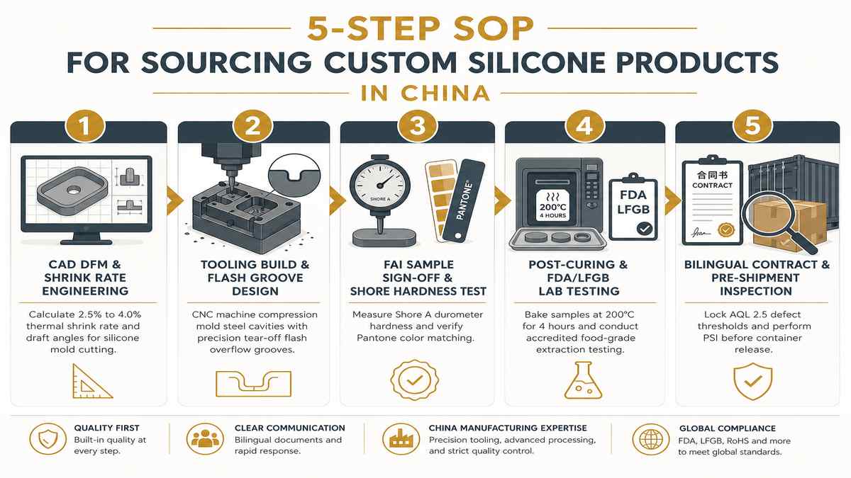 5-Step SOP for Sourcing Custom Silicone Products in China Infographic