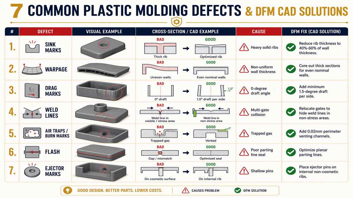 7 Common Plastic Molding Defects and DFM CAD Solutions Matrix Infographic