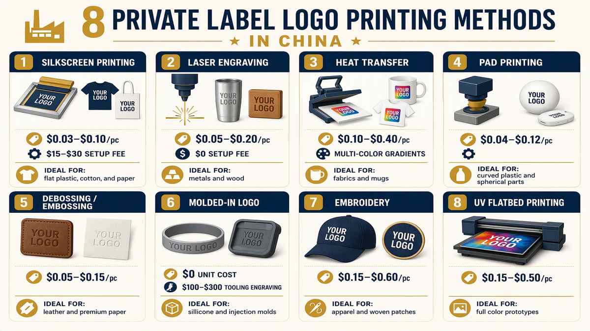 8 Private Label Logo Printing Methods in China Costs and MOQs Comparison Infographic