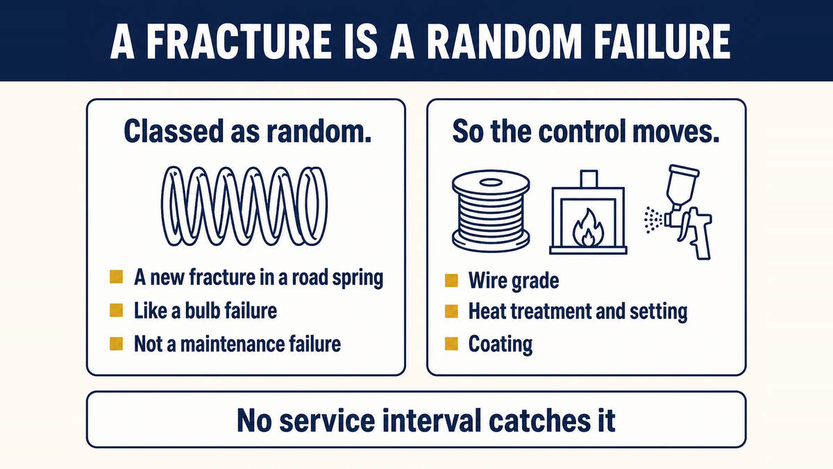 A spring fracture classified as a random failure rather than a maintenance failure, which moves the point of control from the service schedule to the part itself