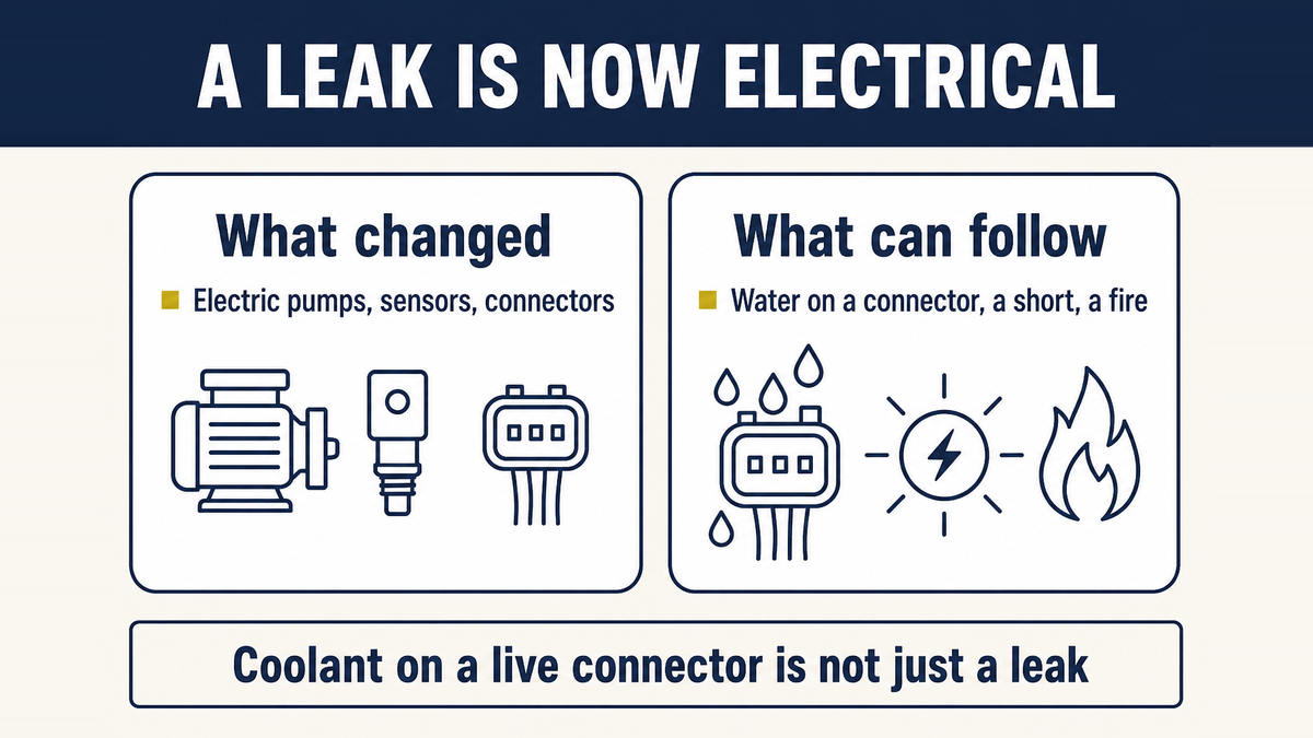With electric pumps, sensors and connectors in the cooling system, coolant reaching a component that carries current can cause a short and a fire rather than a puddle